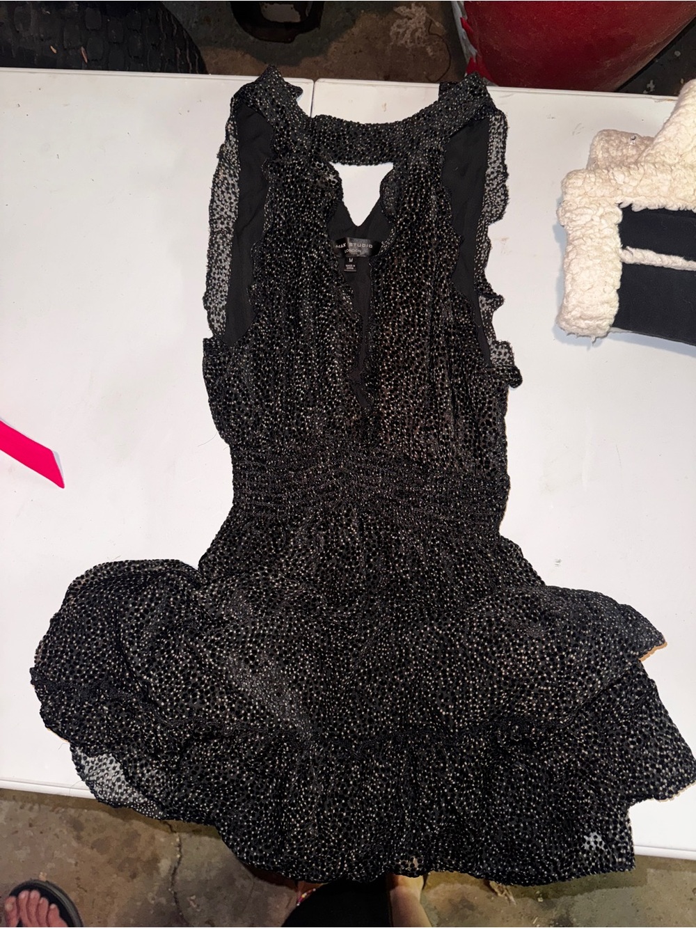Max Studio Black Textured Ruffled Sleeveless Dress
